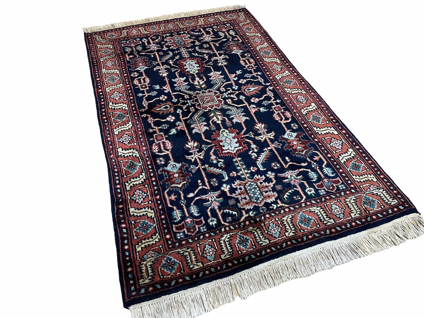 4x6 Vintage Handmade Wool Geometric Rug Organic Dyes Blue Red Hand-Knotted Rug