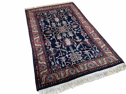 4x6 Vintage Handmade Wool Geometric Rug Organic Dyes Blue Red Hand-Knotted Rug