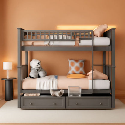 Grey Twin Bunk Bed With Storage Drawers Safety Rail