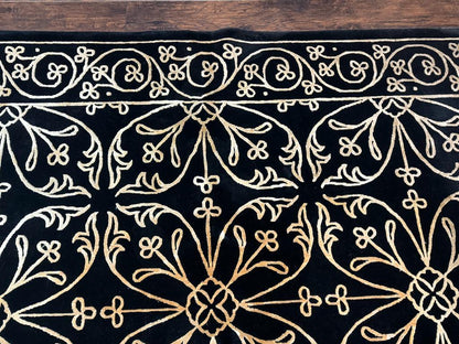 Tibetan Rug 8x10, Wool and Silk, Raised Pattern, Black and Gold, Floral