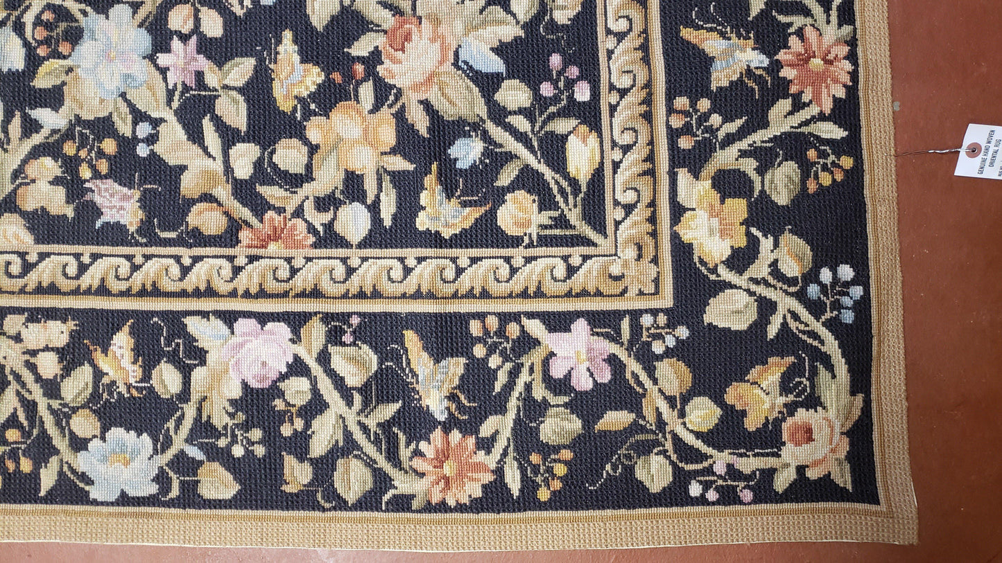 6x9 Vintage Needlepoint Rug Petitepoint Carpet Butterflies Floral Design Dark Brown & Tan 6 x 9 Handmade Flatweave Area Rug