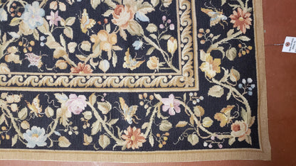 6x9 Vintage Needlepoint Rug Petitepoint Carpet Butterflies Floral Design Dark Brown & Tan 6 x 9 Handmade Flatweave Area Rug