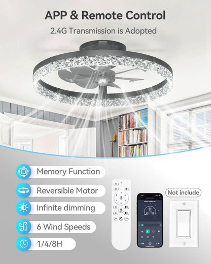 20 Inch Black Ceiling Fan With Remote Dimmable Light 3000K 6000K Low Profile Energy Efficient