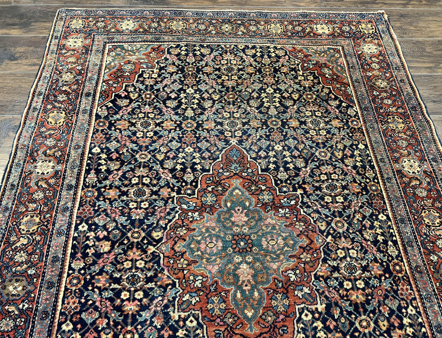 Persian Rug 4x7 Antique Sarouk Farahan Carpet, Navy Blue and Red Wool Rug