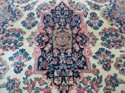 Antique Persian Kirman Rug 3.9 x 6.6, Floral Oriental Carpet, Ivory/Cream - Blue - Pink, Hand Knotted Wool Rug, Floral Medallion Rug 4x6