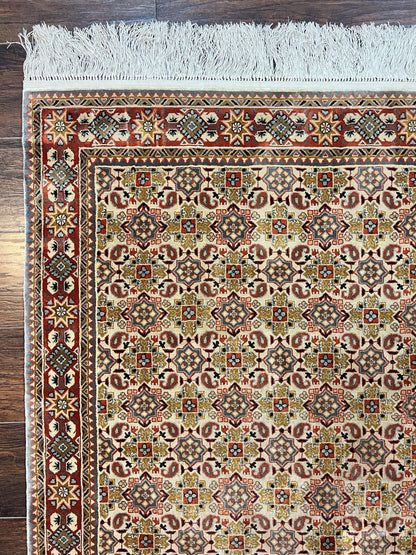 Turkish Kayseri Silk Rug 4x6, Hand Knotted Handmade Vintage Allover Pattern, Fine Silk Oriental Carpet 4 x 6 ft, Traditional Rug, Cream