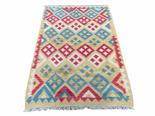 3x5 Kilim Rug Multicolor Tribal Kilim Rug 3 x 5 Tan Light Blue Red Beige New Turkish Anatolian Wool Kilim Flatweave Rug