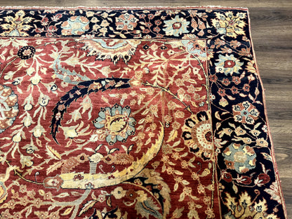 Indian Agra Rug 9x11, Terracotta and Navy Blue, Sickle Leaf Rug