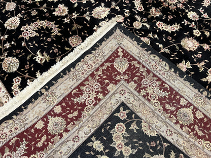 Sino Persian Rug 9x12, High Quality Oriental Carpet, Black and Maroon, Wool and Silk, Allover Floral Pattern, Hand Knotted, Vintage Rug Nice