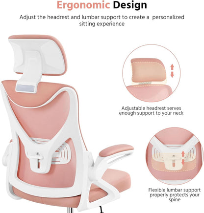 Ergonomic Office Chair High Back Mesh White Pink Lumbar