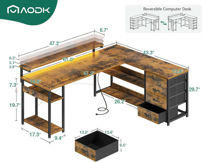 61 Inch L Shaped Desk With Power Outlets And LED Lights