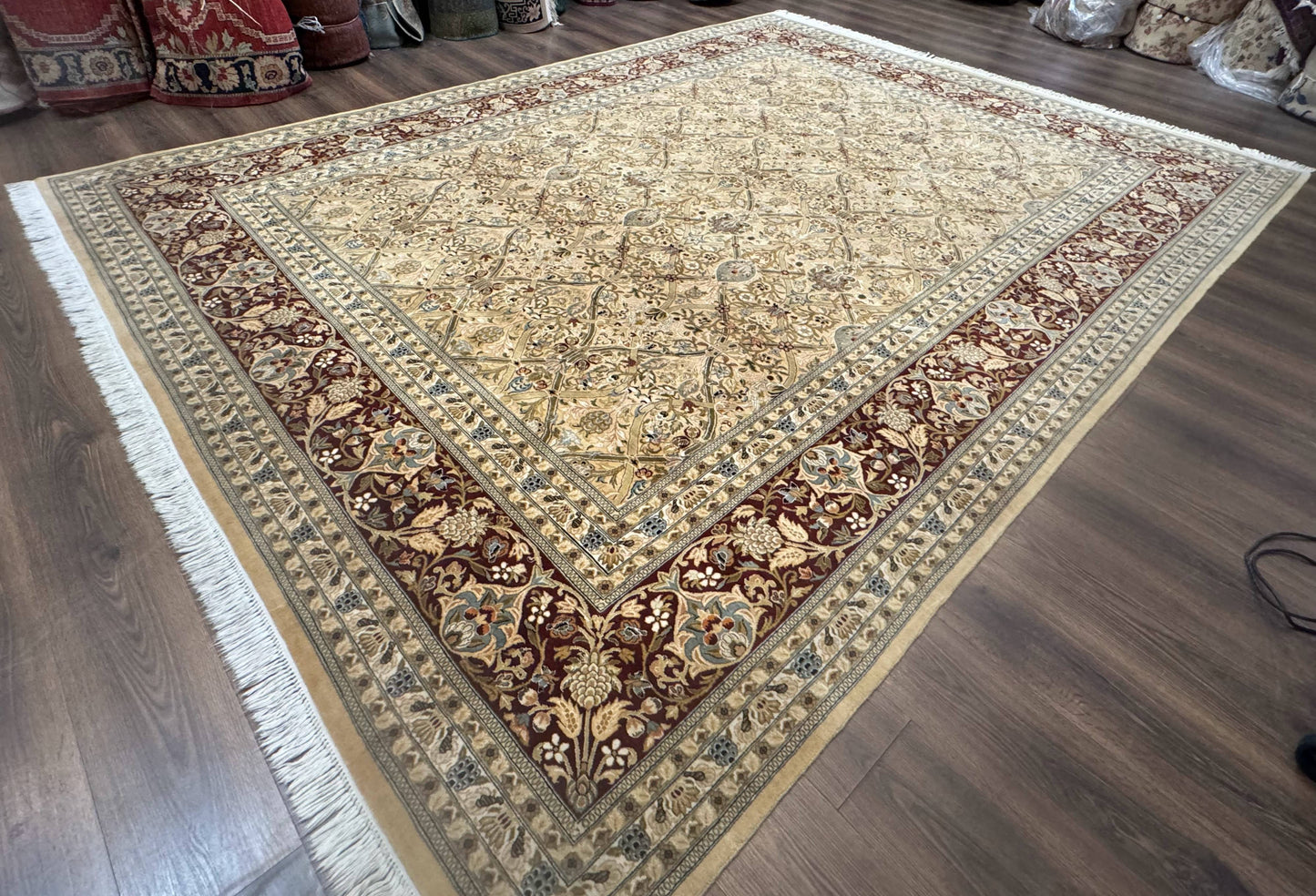 Fine Pak Persian Rug 9x12, Gold and Wine Red, Panel Design, 330 KPSI