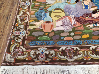 Semi Antique Persian Isfahan Pictoral Rug 4.10x6.1, Wool Handmade High Quality Decorative Carpet