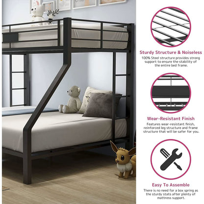Twin XL Queen Bunk Bed In Sandy Black Finish Metal Slats