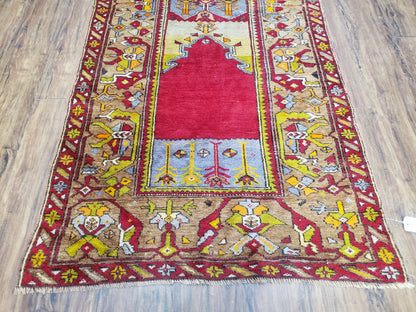 Antique Turkish Prayer Rug 3.8 x 5ft, Colorful Prayer Rug, Red Blue Gold Multicolor Turkish Anatolian Carpet, Handmade Hand-Knotted, Wool