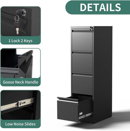 4 Drawer File Cabinet With Lock Black Metal Vertical Filing Cabinet