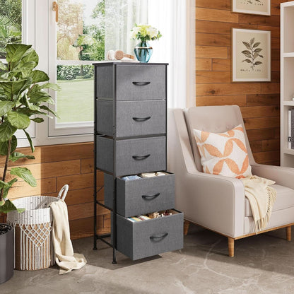 Dark Grey Fabric Dresser 5 Drawer Tall Storage Unit