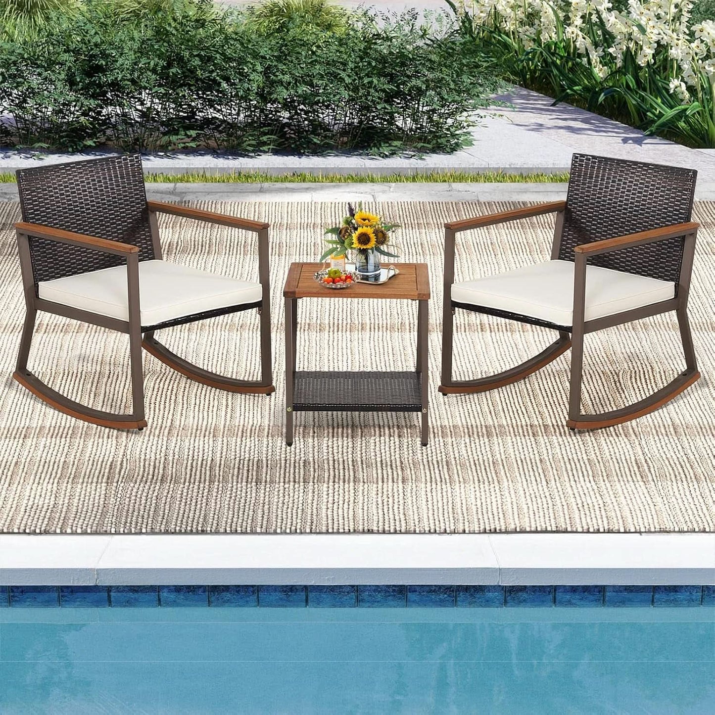 Three Piece Rocking Bistro Set With Cushions And Coffee Table For Outdoor Rattan Patio Off White