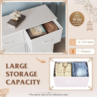 White Fabric Dresser With 6 Drawers And Fabric Bins