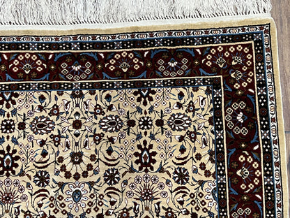 Fine Sino-Persian Silk Rug 3x5, High Quality Silk Carpet, Handmade Small Silk Rug, Allover Repeated Motif, Tan Maroon Blue Vintage Silk Rug