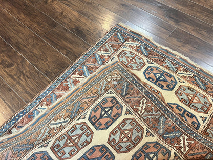 Turkish Kazak Rug 3x4, Wool Hand Knotted Handmade Vintage Carpet, Geometric Tribal Repeated Motif, Small 3 x 4 Antique Rug, Cream Red