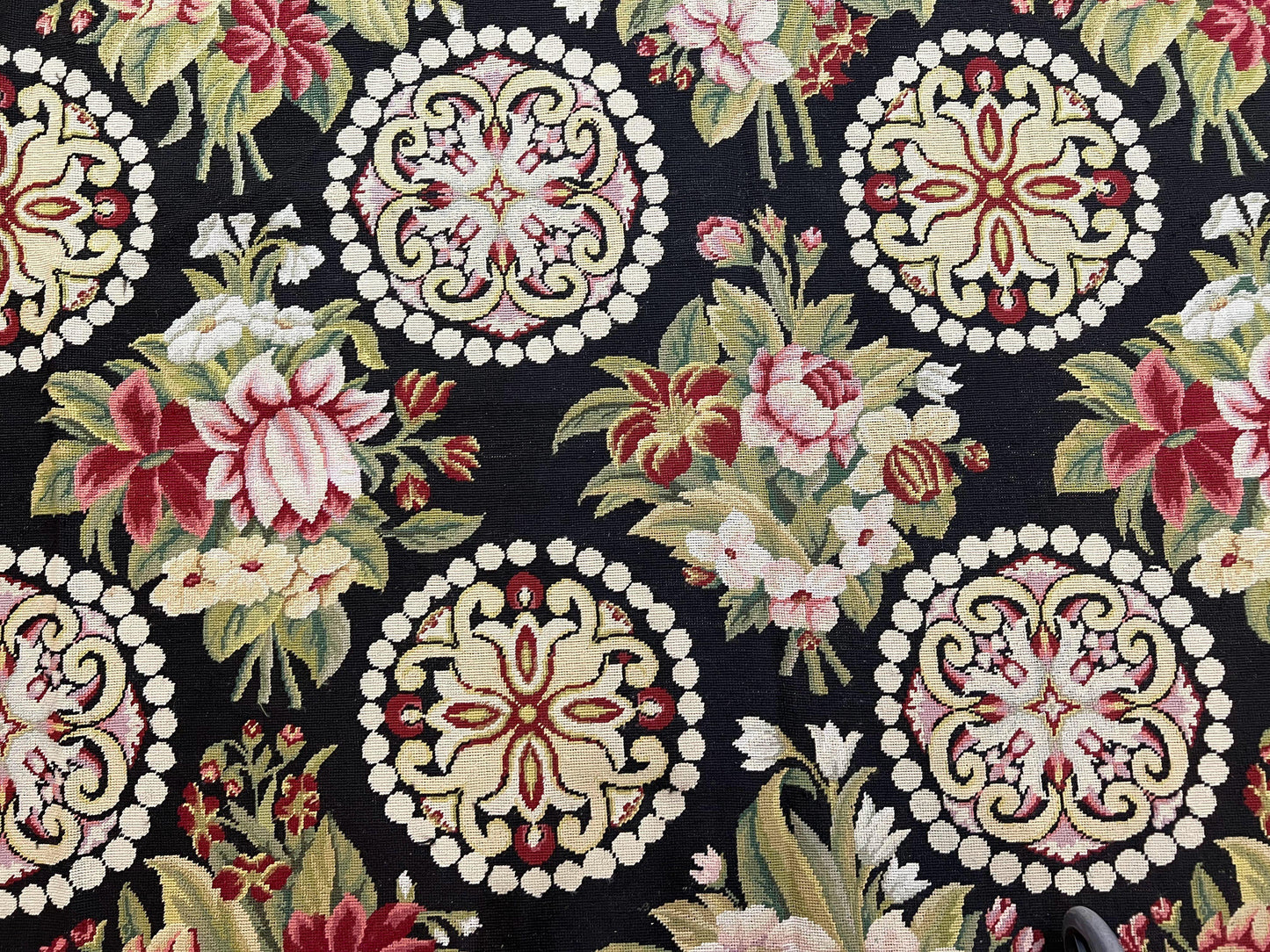 9x12 Black Needlepoint Rug, European Floral Panel Design, Handwoven, Vintage Chinese Needlepoint, Black Green Beige, Wool Rug 9 x 12