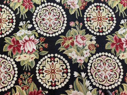 9x12 Black Needlepoint Rug, European Floral Panel Design, Handwoven, Vintage Chinese Needlepoint, Black Green Beige, Wool Rug 9 x 12