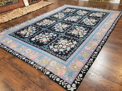 Chinese Needlepoint Rug 8 x 11.4, Hand-Woven Area Carpet, Flatweave Rug, Black Blue Light Violet Floral Garden European Design Wool Aubusson