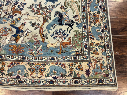 Persian Kashan Pictorial Rug 4.6 x 7, Hunting Scene, Signed by Masterweaver, Animal Pictorials, Rare, Handmade, Wool, Vintage, Very Fine
