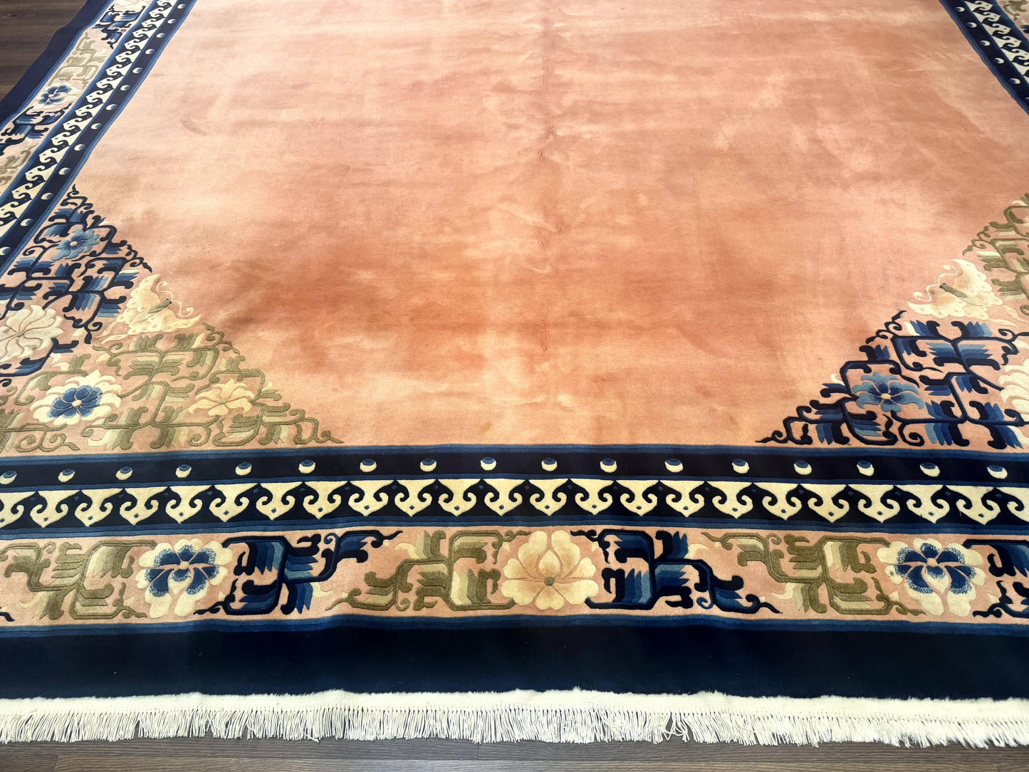 Chinese Wool Rug 11x18, Palace Sized Chinese Carpet, Peking Rug, Peach and Blue, Open Field, Simple Design, Art Deco Rug, Large Handmade Rug