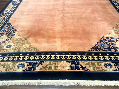 Chinese Wool Rug 11x18, Palace Sized Chinese Carpet, Peking Rug, Peach and Blue, Open Field, Simple Design, Art Deco Rug, Large Handmade Rug