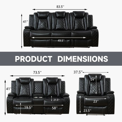 Power Reclining Leather Sofa Set With USB Ports Black