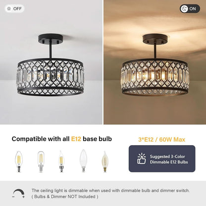 Crystal Black Three Light Semi Flush Mount Ceiling Light