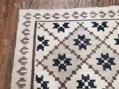 Semi Antique South American Blanket 4x8, Wool Hand-Woven Flatweave Kilim Rug, Handmade Antique Vintage Runner, Ivory & Blue, Diamond Panel