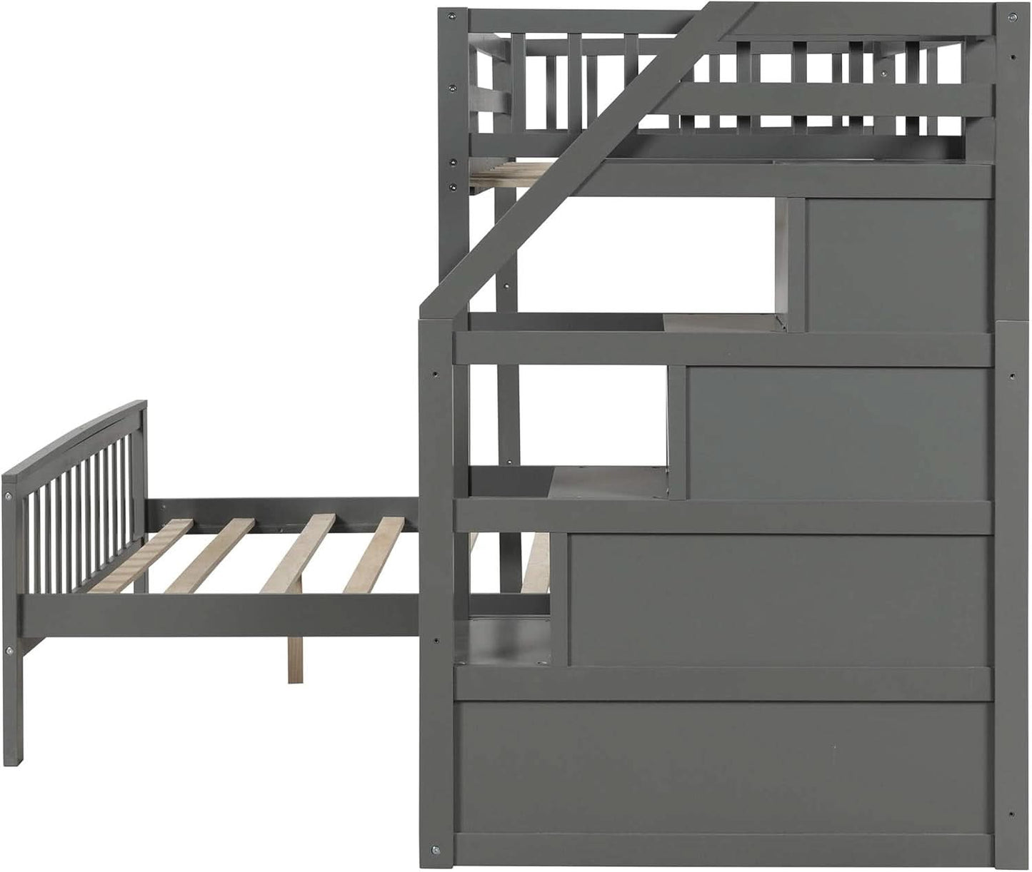 Gray Twin Over Full Bunk Bed With Storage Stairs Solid Wood