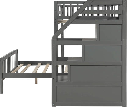 Gray Twin Over Full Bunk Bed With Storage Stairs Solid Wood