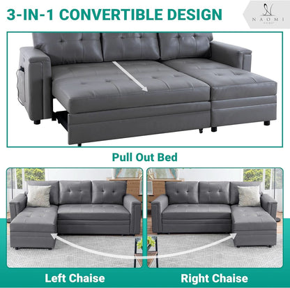 L Shaped Sectional Sleeper Sofa With USB Ports Gray Leather