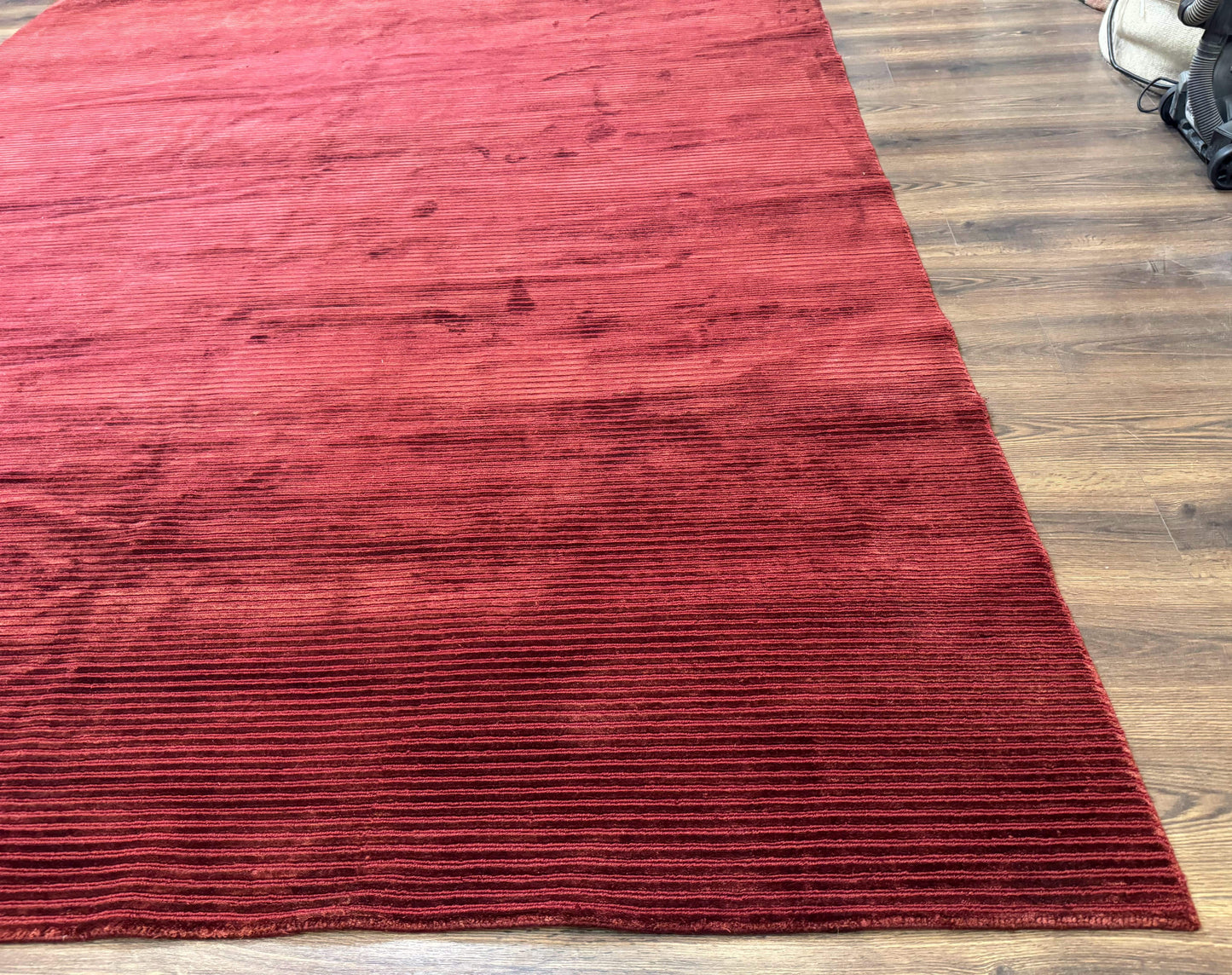 Modern Tibetan Rug 8x10, Red, Stripes, Handmade Wool Thick Pile Carpet