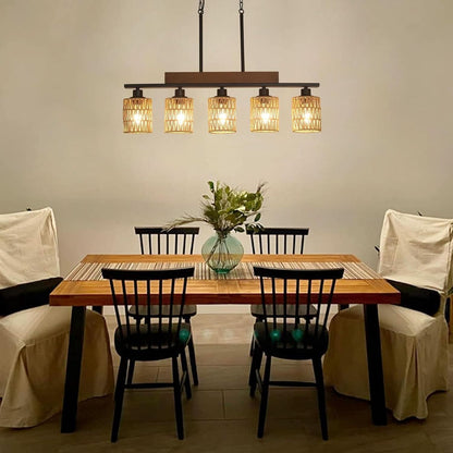 Rattan Farmhouse 5 Light Linear Chandelier Black Lighting