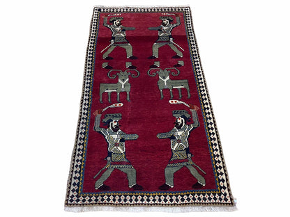 3 X 6 Handmade Wool Rug Tribal Balouch Warriors Deer Animal Pictorial Red Swords