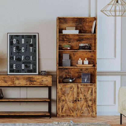 Industrial 70 Inch Tall Bookcase With Doors 6 Shelf Floor Standing Storage