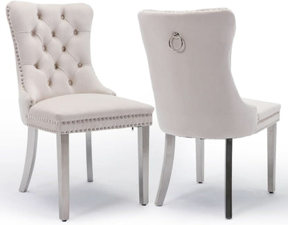 Velvet Dining Chairs Set Of 2 Beige Tufted Upholstered