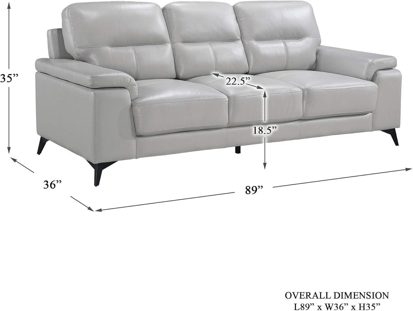 89 Inch Leather Sofa Silver Gray With Metal Legs Wood Frame