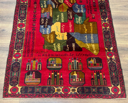 Red Afghan Balouch Rug 3x7, Tribal, Map of Afghanistan Depiction, Handmade, New