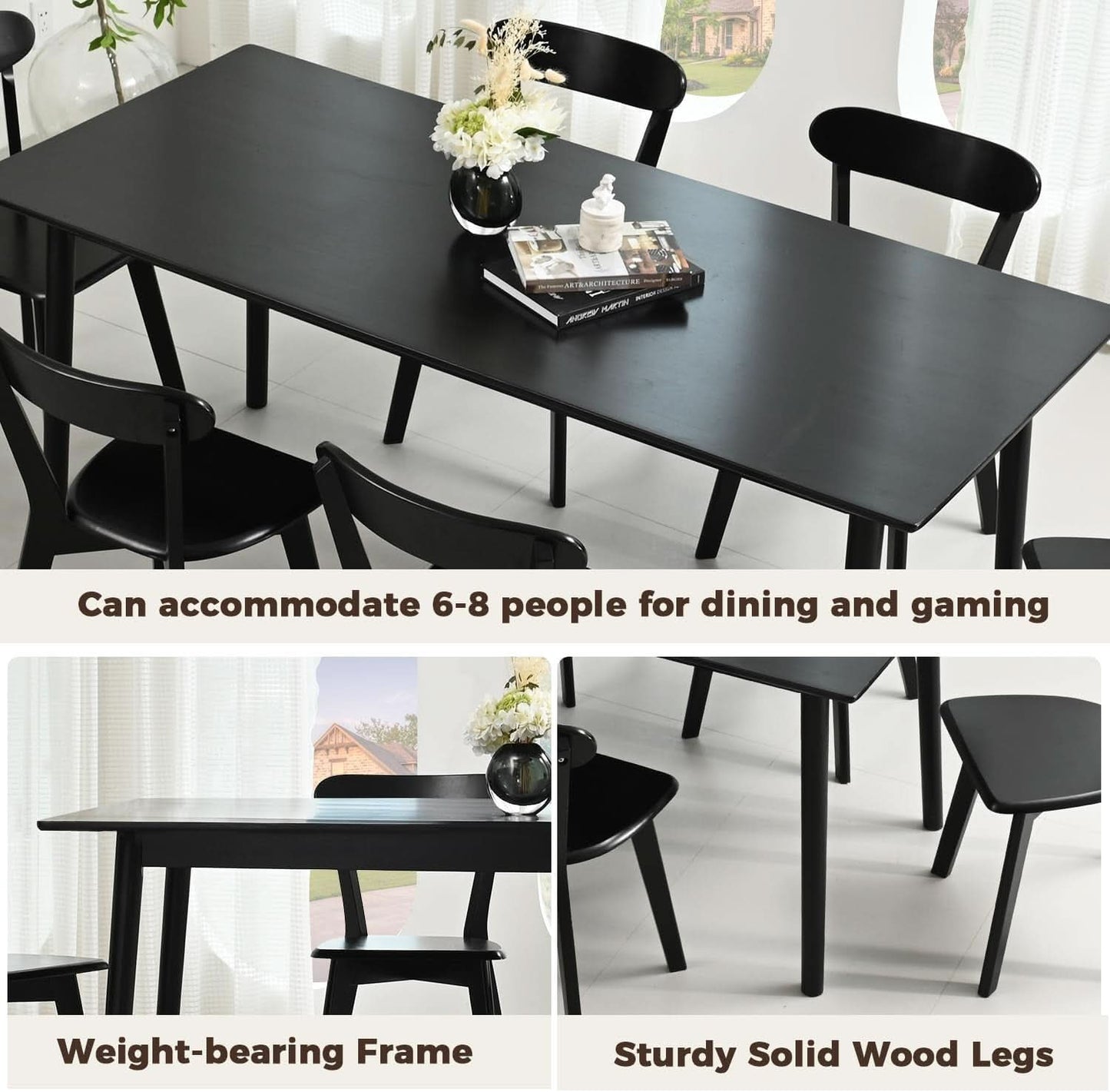 70 Inch Black Solid Oak Dining Table For 6 To 8 People