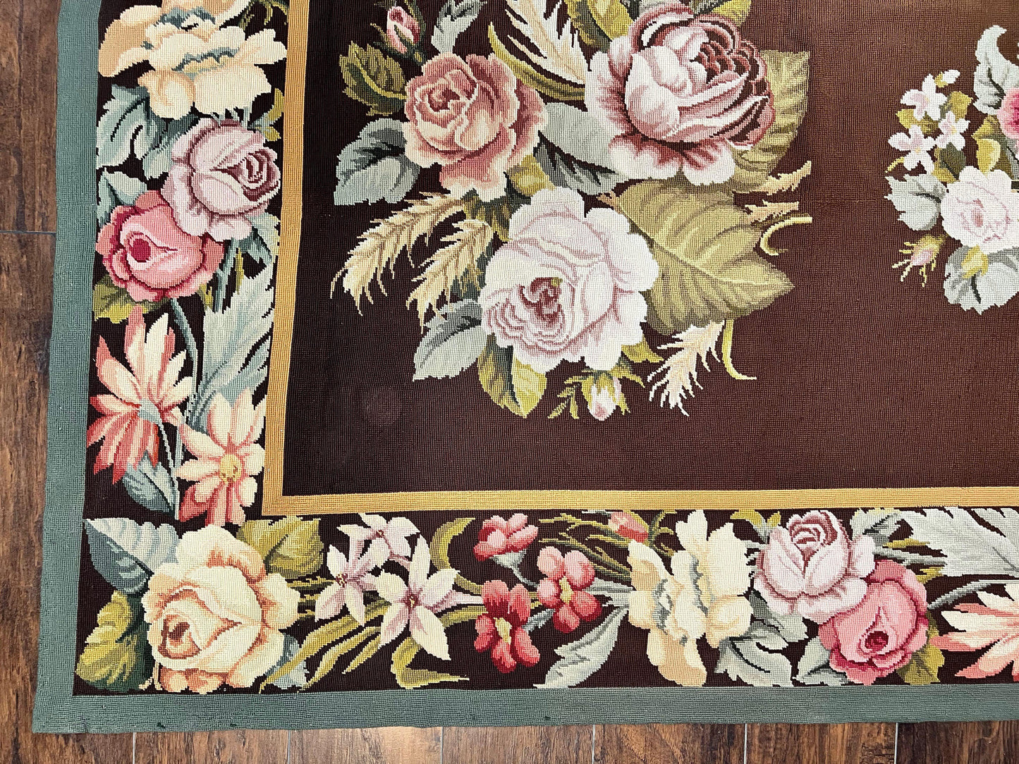 Vintage Needlepoint Rug 9x12, Large Handmade Hand-woven Needlepoint Carpet, Brown Area Rug, Floral Bouquets, Wool Rug, European Design