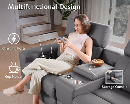Grey Leather Power Recliner Sofa With Center Console