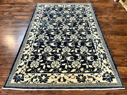 Sino Persian Rug 6x9, Hand Knotted Wool Carpet, Floral Allover, Blue Cream-Tan