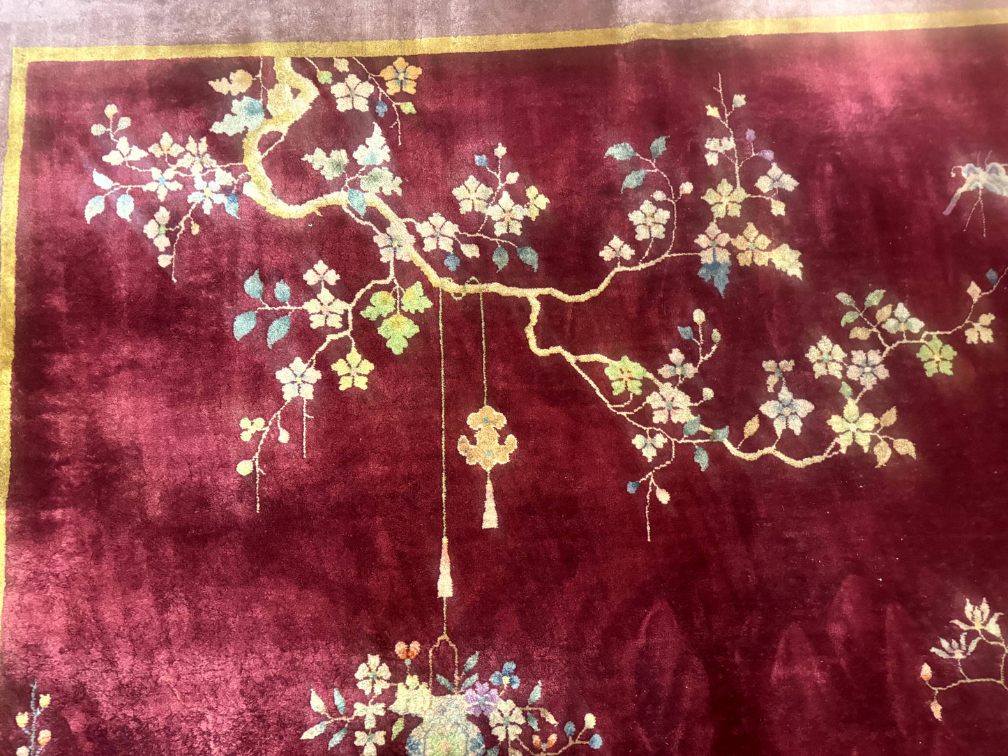 Red Chinese Art Deco Rug 9x11, Simple Design, Wool Chinese Area Rug, Antique