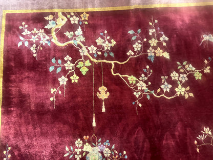 Red Chinese Art Deco Rug 9x11, Simple Design, Wool Chinese Area Rug, Antique
